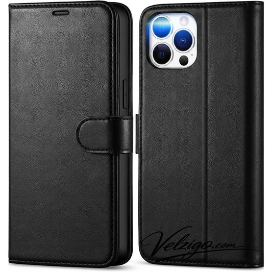 Housse portefeuille noire premium pour iPhone 12 Pro, protection complète avec compartiments cartes intégrés - Accessoire mobile Velzigo
