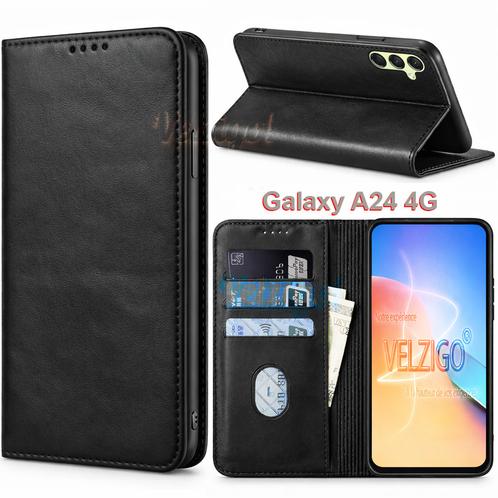 Housse étui portefeuille cuir PU noir pour Samsung Galaxy A24 4G, compartiments cartes intégrés, protection écran - Velzigo