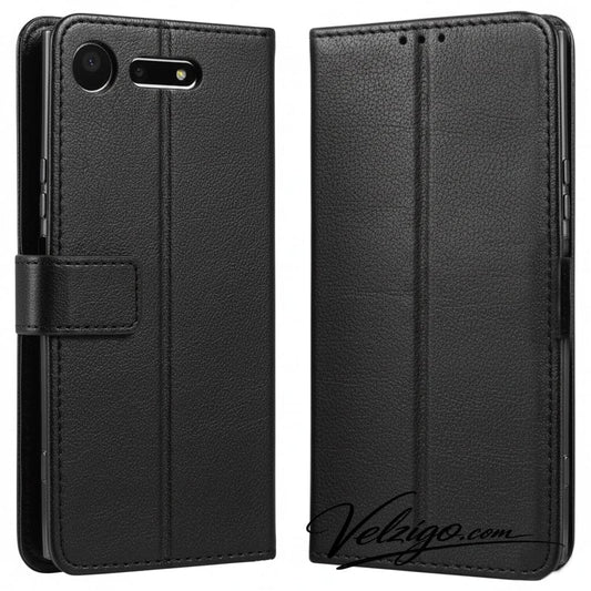Étui portefeuille noir élégant pour Sony Xperia XZ1 Compact, protection complète avec compartiments cartes - Accessoire premium mobile Velzigo