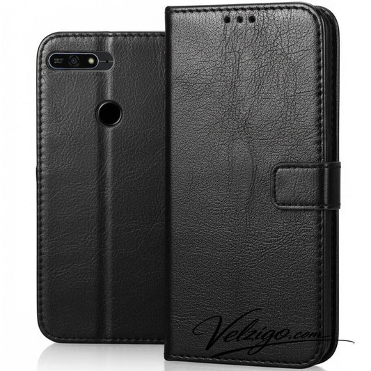 Coque portefeuille élégante noire pour Huawei Honor 7A, protection complète avec compartiments cartes intégrés - Accessoire mobile Velzigo