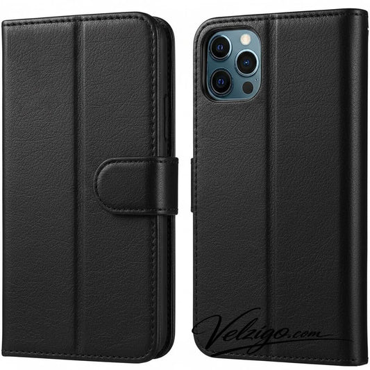 Étui portefeuille noir luxueux pour iPhone 14 Pro Max, protection premium élégante avec compartiments cartes intégrés - Collection Velzigo