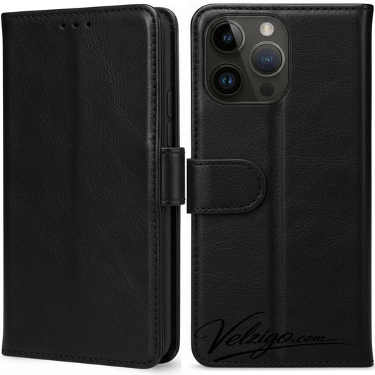 Étui portefeuille noir premium pour iPhone 16 Pro, protection luxueuse avec compartiments cartes intégrés - Édition Velzigo Exclusive