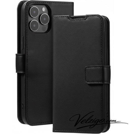 Étui portefeuille noir premium pour iPhone 13 Pro, coque compatible MagSafe avec compartiments cartes - Collection Velzigo Élite