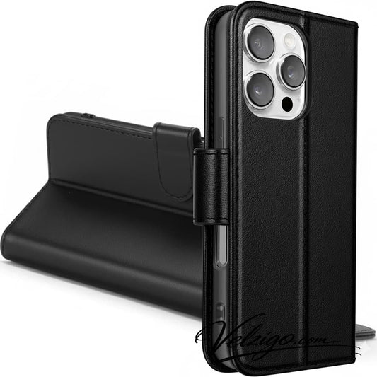 Étui portefeuille noir premium pour iPhone 16 Pro Max, protection élégante avec compartiments cartes intégrés - Collection Velzigo Prestige