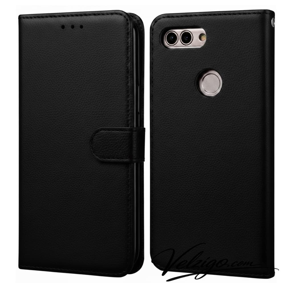 Housse portefeuille noire élégante pour Huawei P Smart, protection complète avec compartiments pour cartes bancaires - Velzigo