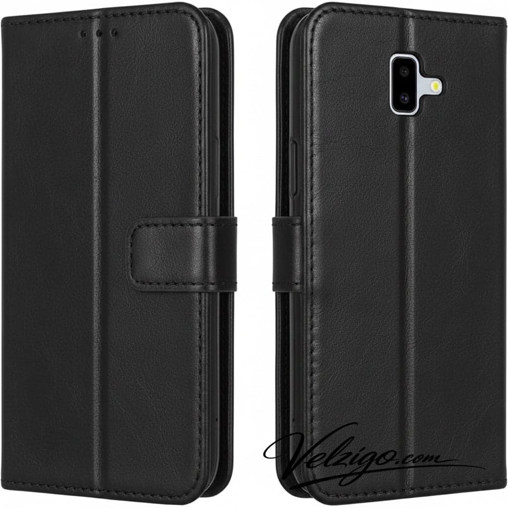 Étui portefeuille noir premium pour Samsung Galaxy J6 Plus 2018, protection complète avec compartiments cartes intégrés - Velzigo