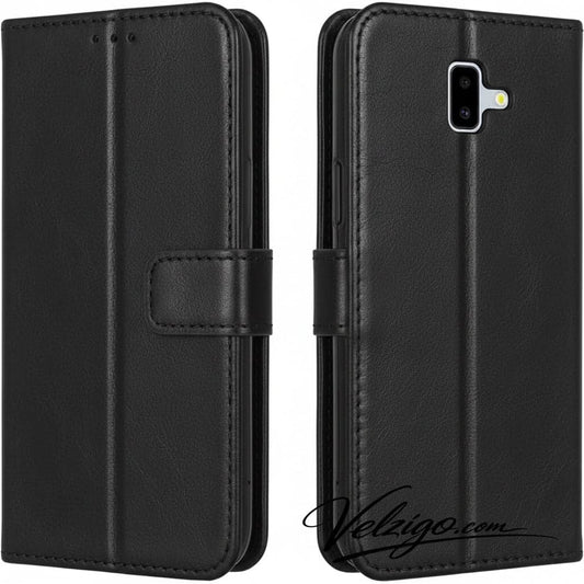 Étui portefeuille noir premium pour Samsung Galaxy J6 Plus 2018, protection complète avec compartiments cartes intégrés - Velzigo