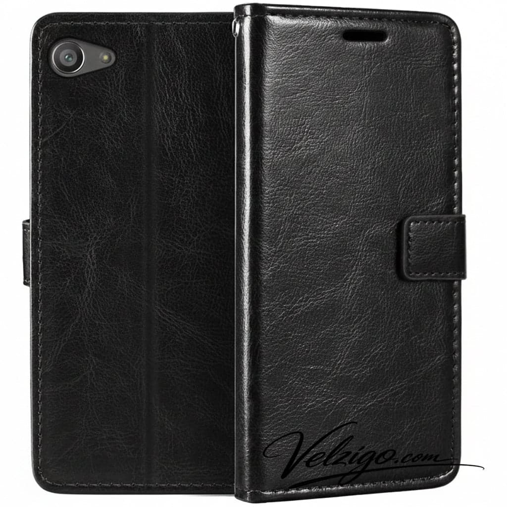 Étui portefeuille noir premium pour Sony Xperia Z5 Compact, protection complète avec compartiments cartes intégrés - Accessoire haut de gamme Velzigo