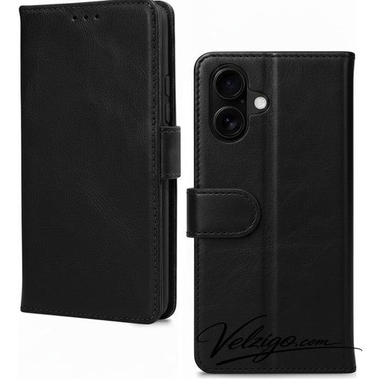 Étui portefeuille noir premium pour iPhone 16, protection luxueuse avec compartiments cartes intégrés - Accessoire mobile Velzigo