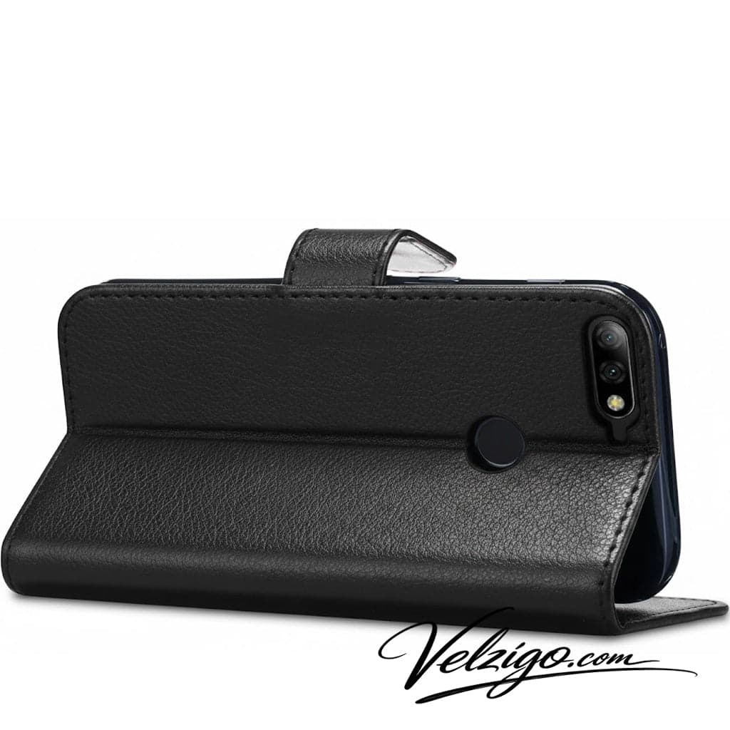 Étui portefeuille noir élégant pour Huawei Honor 7C, protection complète avec compartiments pour cartes et billets