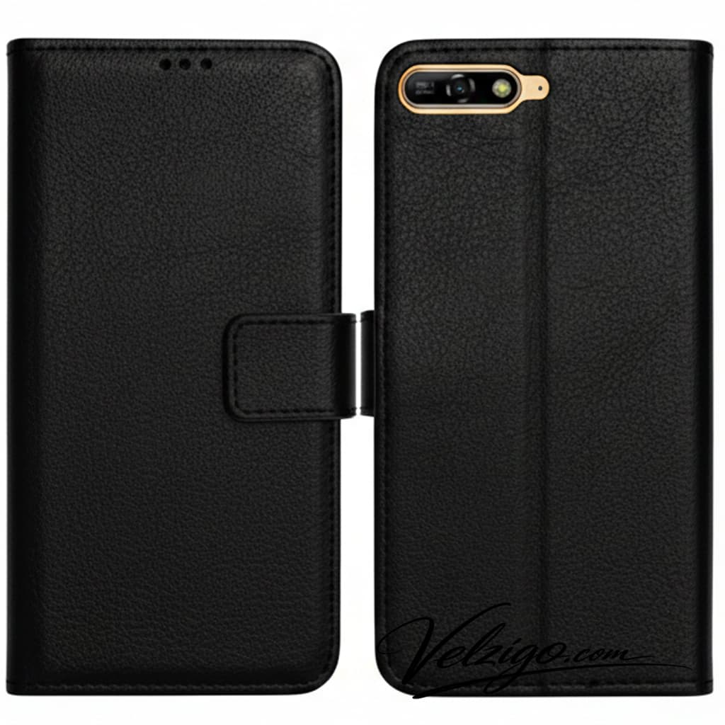 Étui portefeuille noir premium pour Huawei Y6 2018, protection complète avec compartiments cartes intégrés - Accessoire mobile Velzigo