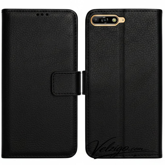 Étui portefeuille noir premium pour Huawei Y6 2018, protection complète avec compartiments cartes intégrés - Accessoire mobile Velzigo