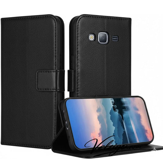 Étui portefeuille noir premium pour Samsung Galaxy J3 2016, protection complète avec compartiments cartes intégrés - Accessoire mobile Velzigo