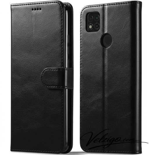 Étui portefeuille noir premium pour Xiaomi Redmi 9C, protection complète avec compartiments cartes intégrés - Accessoire mobile Velzigo