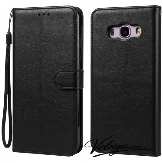 Étui portefeuille cuir noir premium pour Samsung Galaxy J7 2016, protection élégante avec compartiments pour cartes bancaires