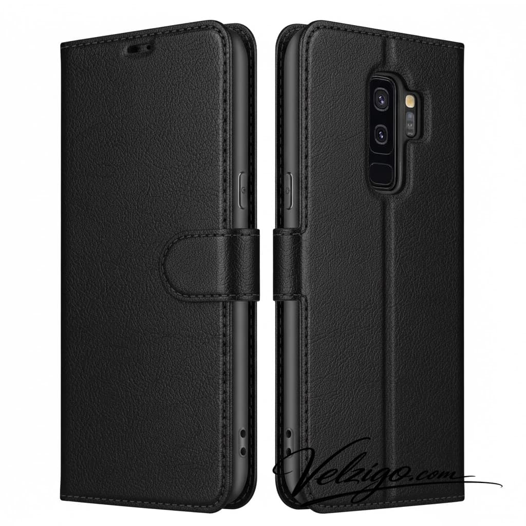 Étui portefeuille noir premium pour Samsung Galaxy S9 Plus, protection complète écran 6.2 pouces avec compartiments cartes - Coque de luxe Velzigo