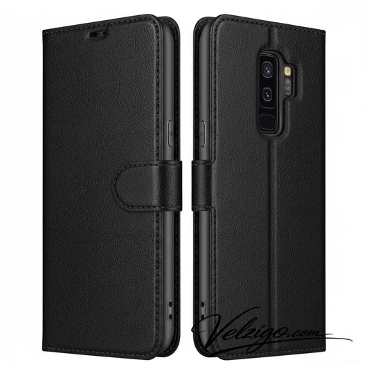 Étui portefeuille noir premium pour Samsung Galaxy S9 Plus, protection complète écran 6.2 pouces avec compartiments cartes - Coque de luxe Velzigo