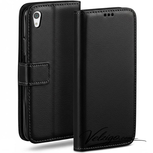 Étui portefeuille noir premium pour Sony Xperia XA1 Plus, housse de protection avec compartiments cartes intégrés - Collection Velzigo