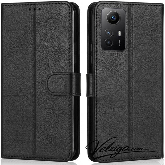 Étui portefeuille noir premium pour Xiaomi Redmi Note 12S, protection complète avec rangement cartes intégré - Collection Velzigo