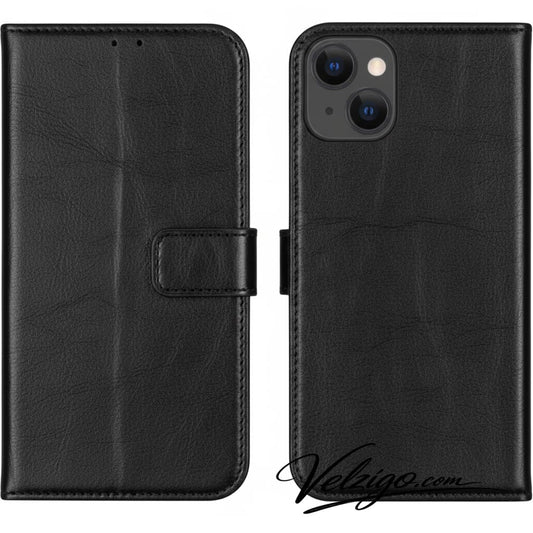 Coque portefeuille noire premium pour iPhone 13, étui de protection avec compartiments cartes - Design élégant Velzigo