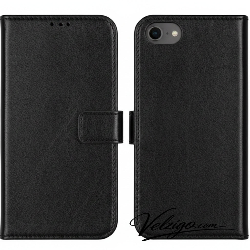 Étui portefeuille noir premium pour iPhone SE 2022, protection complète avec compartiments cartes intégrés - Accessoire Velzigo