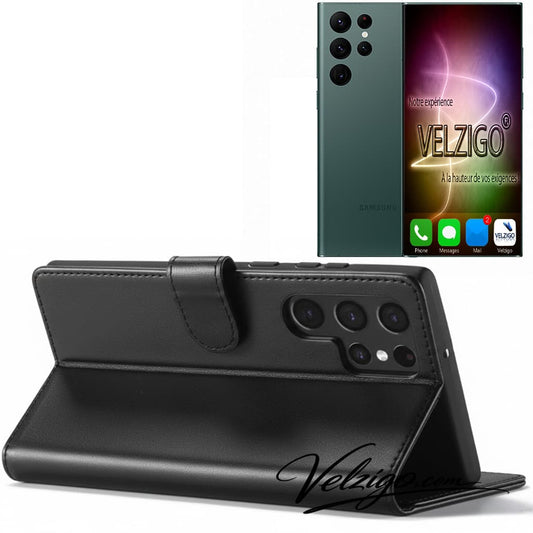 Étui portefeuille noir premium Samsung Galaxy S22 Ultra, protection complète avec compartiments cartes - Accessoire mobile Velzigo