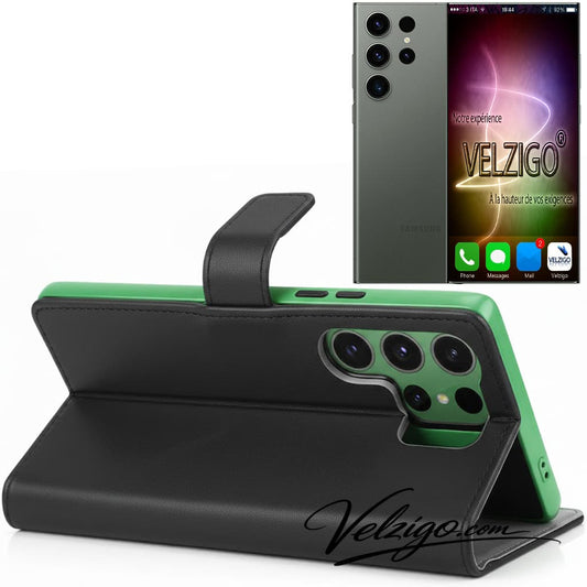 Étui portefeuille noir premium Samsung Galaxy S23 Ultra, protection luxueuse avec compartiments cartes - Accessoire mobile Velzigo