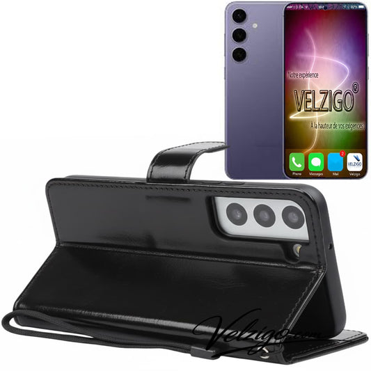 Étui portefeuille noir premium Samsung Galaxy S24 Plus, protection complète avec compartiments cartes - Accessoire mobile Velzigo