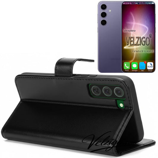 Étui portefeuille noir premium Samsung Galaxy S24, protection complète avec compartiments cartes - Accessoire mobile Velzigo